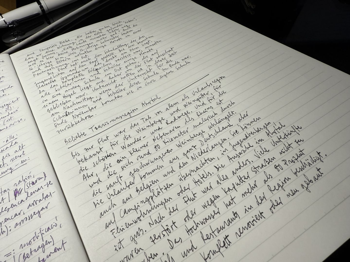 Vista en diagonal i en fuga de baix a dalt d’una pàgina d’un bloc Muji de format A4 i de color beix clar. El full té una pauta que serveix per escriure d’una manera ordenada. El text és un article en alemany passat a mà amb ploma estilogràfica i amb una tinta grisa no gaire fosca.